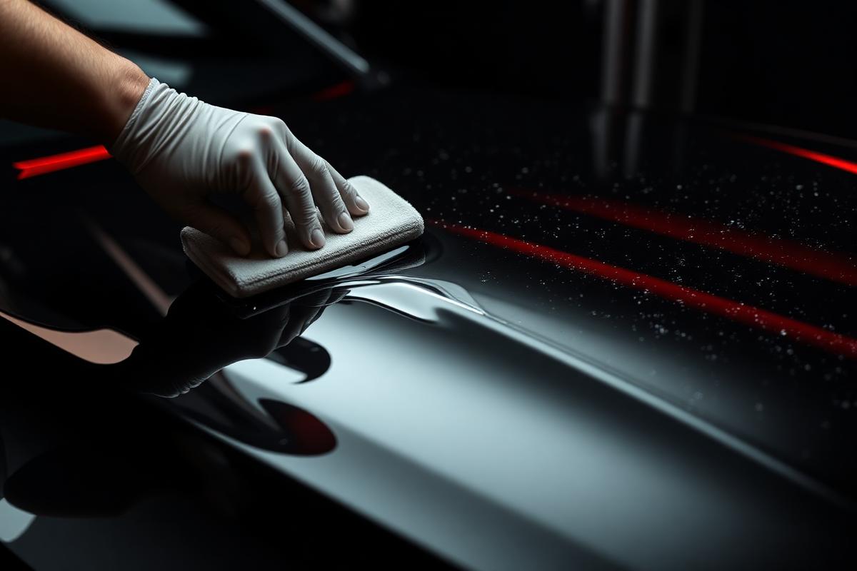 Detailer applying ceramic coating to a glossy black hood