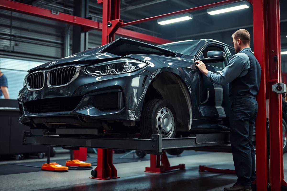 Damaged sedan on a frame rack in a collision repair bay